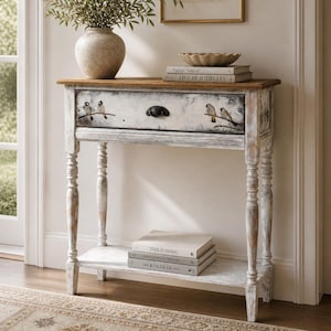 Hand-Painted Bird Console Table — Whitewashed Entryway Table, One-of-a-Kind Functional Art