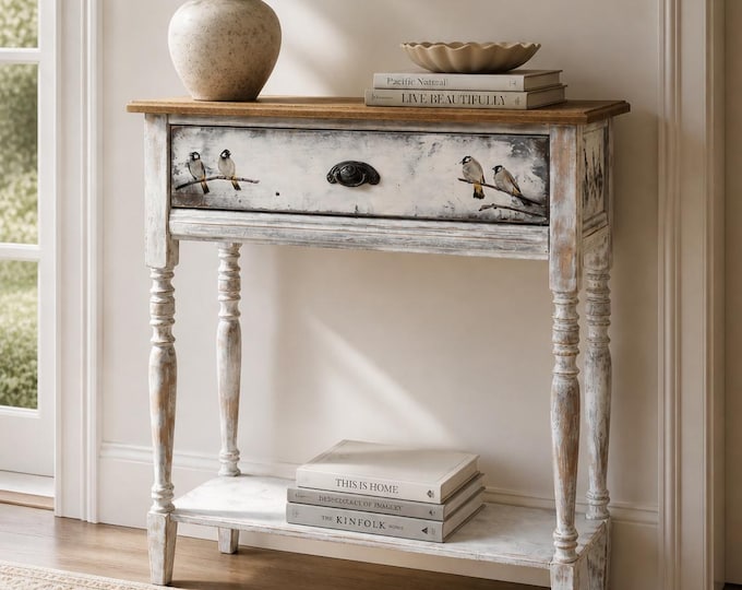 Hand-Painted Bird Console Table — Whitewashed Entryway Table, One-of-a-Kind Functional Art