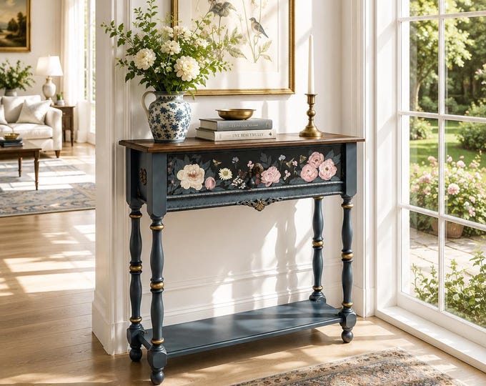 Hand Painted Console Table with Peonies, Blue Floral Entryway Table, Botanical Solid Wood Furniture