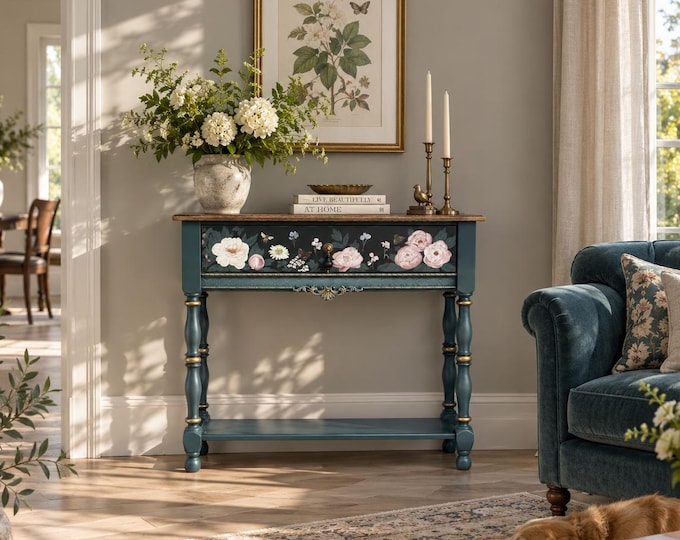 Hand Painted Console Table with Peonies, Blue Floral Entryway Table, Botanical Solid Wood Furniture