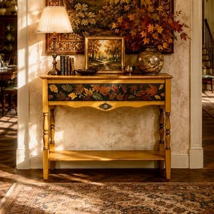 Hand Painted Autumn Leaves Console Table, Solid wood Entryway Table, Mustard Cottage Furniture