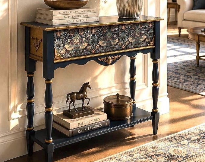 Blue Textile Inlay Console Table with Gilded Bees, Solid Wood Custom Entryway Furniture