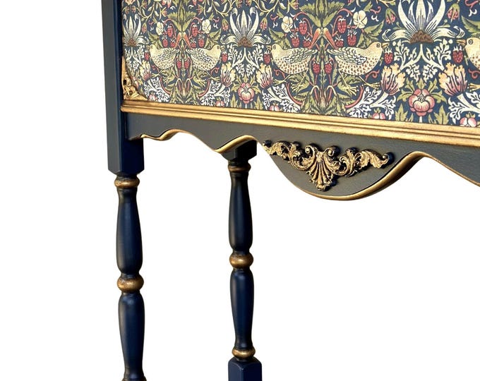 Handcrafted Solid Wood Console Table | Blue Floral Textile Inlay, Gilded Bees, Arts & Crafts Style