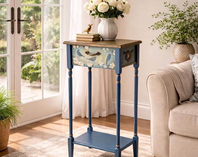 Hand-Painted Blue Bird Accent Table with Drawer | Vintage-Inspired Side Table, Gold Details