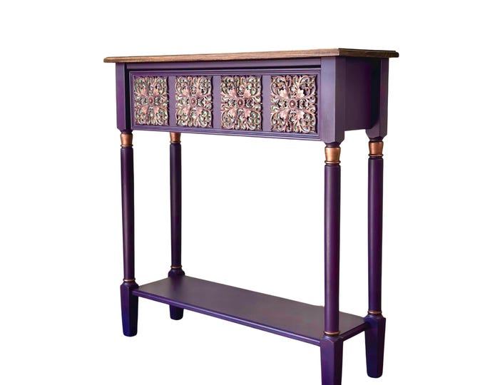 One-of-a-Kind Deep Purple Console Table with Carved Drawer, Solid Wood Accent Table