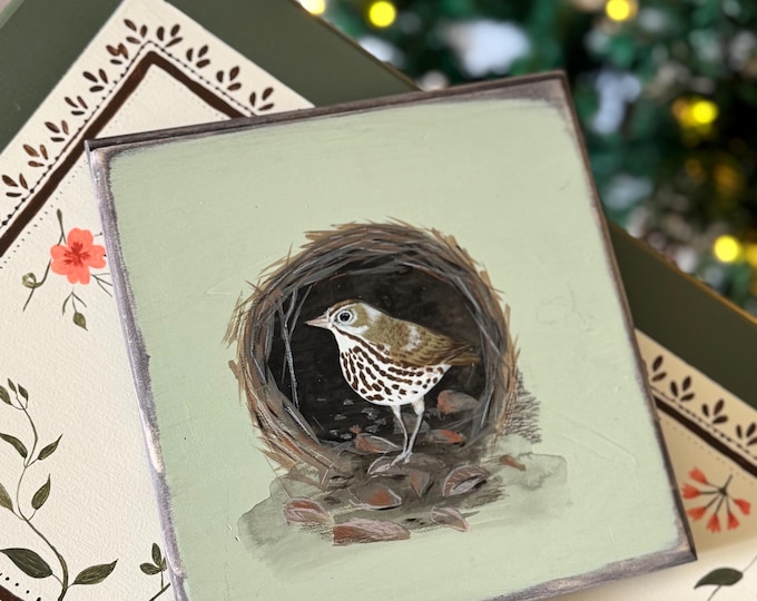Hand-Painted Bird Art on Wood set of 3 - Ovenbirds