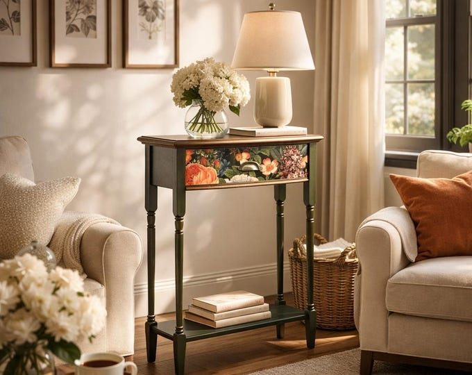 Forest Green Wooden Table with a Floral design Drawer