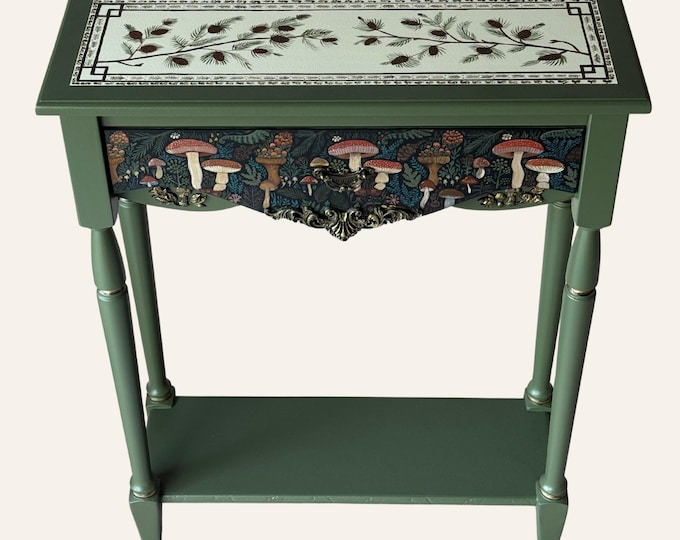 Hand-Painted Redwoods Console Table • Green Mushroom Entryway Table with Drawer • Narrow Hallway Accent
