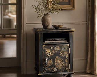 Handcrafted Black Accent Cabinet with Botanical Relief | Solid Wood Side Table | Nature Inspired End Table | One of a Kind Furniture