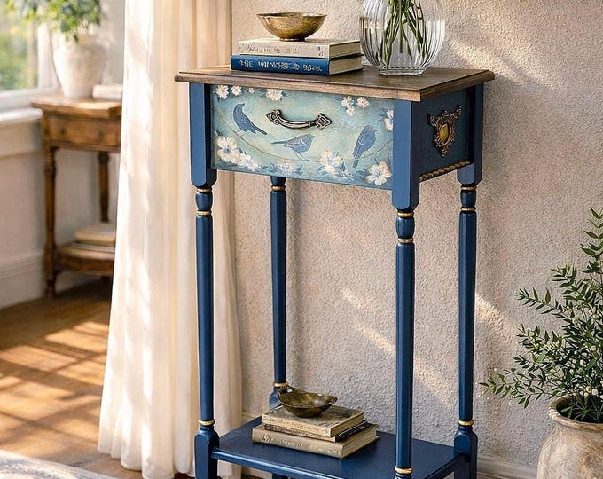 Hand-Painted Blue Bird Accent Table with Drawer | Vintage-Inspired Side Table, Gold Details