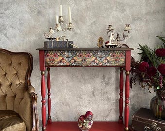 Handcrafted Red Console Table • Vintage Style Entryway Table • Elegant Hallway Accent Furniture
