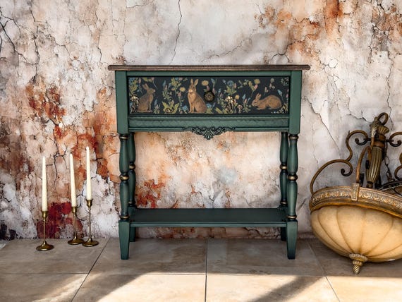Narrow Console Table with Drawer, 11 Inch Deep Entryway Table, Hand Painted Rabbit Furniture