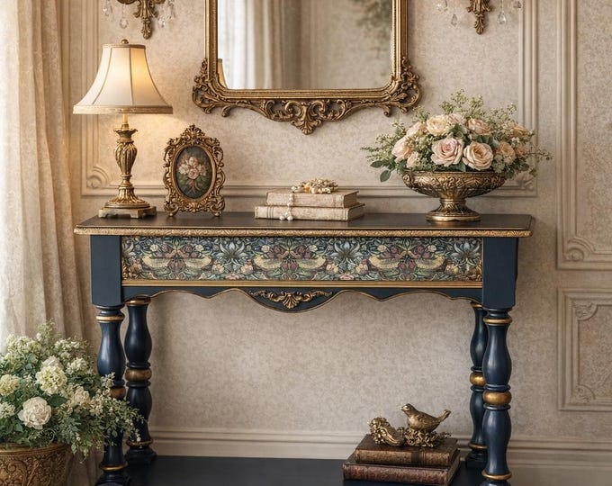 Handcrafted Console Table | Textile Inlay Birds & Gilded Bees | Refined Entryway Piece | Custom Made