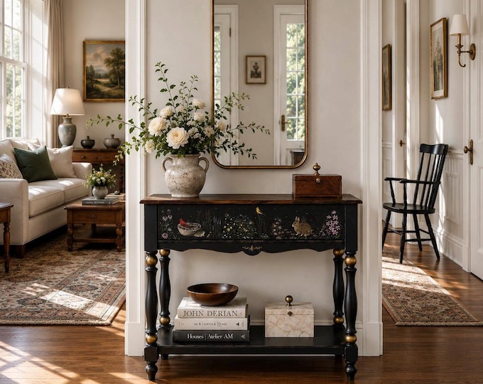 Hand-Painted Solid Wood Console Table – Custom Garden Scene Furniture, One-of-a-Kind Black Entryway Console, Collectible Functional Art