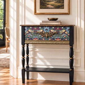 William Morris-Inspired Narrow Console Table, Wallpaper Inlay, 10 inches Entryway Table, No Drawer