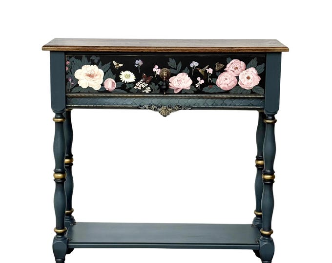 Hand Painted Console Table with Peonies, Blue Floral Entryway Table, Botanical Solid Wood Furniture