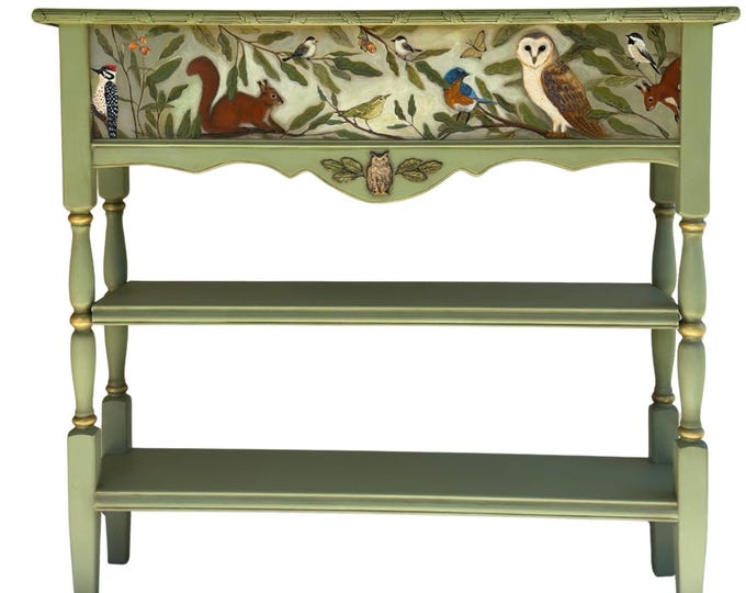 Hand-Painted Woodland Console Table, Custom Art Furniture, Sage Green Finish