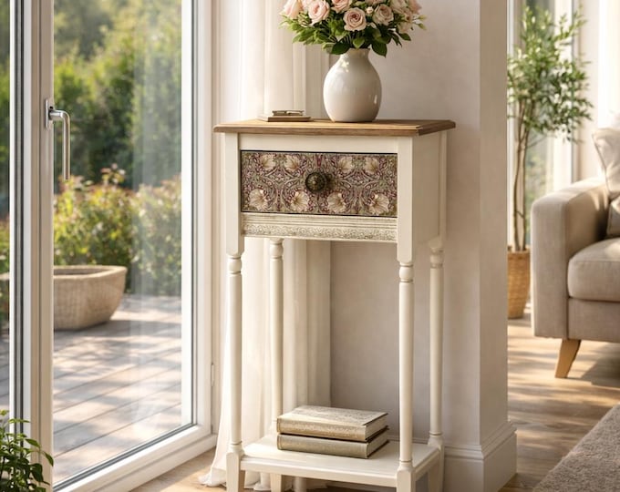 William Morris Fabric Inlay Console Table, Arts and Crafts Solid Wood Accent Entryway Table