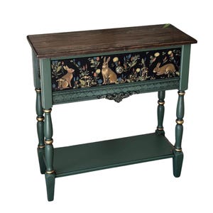 Narrow Wooden Console Table - Luxury Hand-Painted Green with Rabbit & Botanical Art