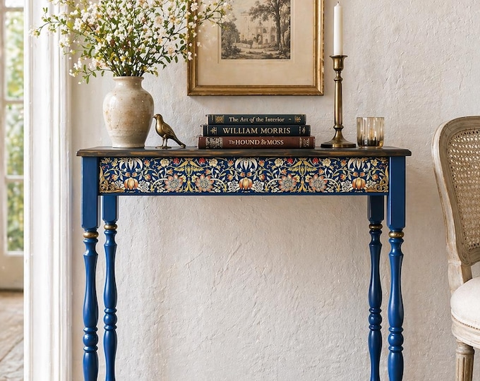 Narrow Royal Blue Console Table, Decorative Panel, Gold Accents, Custom Made Furniture
