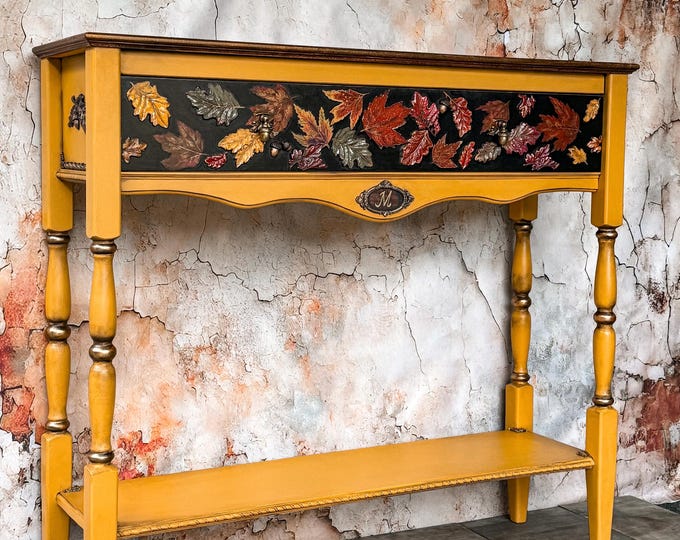 Handcrafted Autumn Leaves Console Table – Mustard Yellow Woodland Entryway Furniture