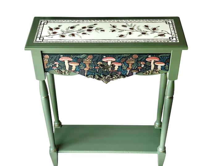 Hand-Painted Redwoods Console Table • Green Mushroom Entryway Table with Drawer • Narrow Hallway Accent