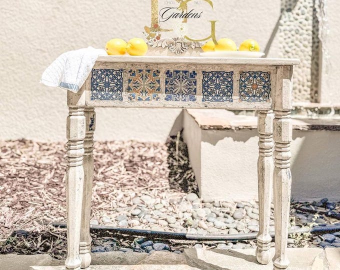 White Aged Wood Console Table: European Tile Accent Entryway Table