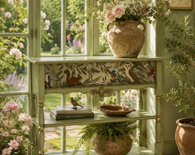 Hand-Painted Woodland Scene Solid Wood Narrow Console Table, Custom Art Furniture, Sage Green Finish