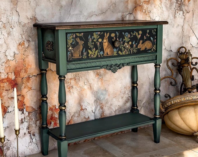 Hand Painted Woodland Rabbit Console Table, Narrow Entryway Furniture