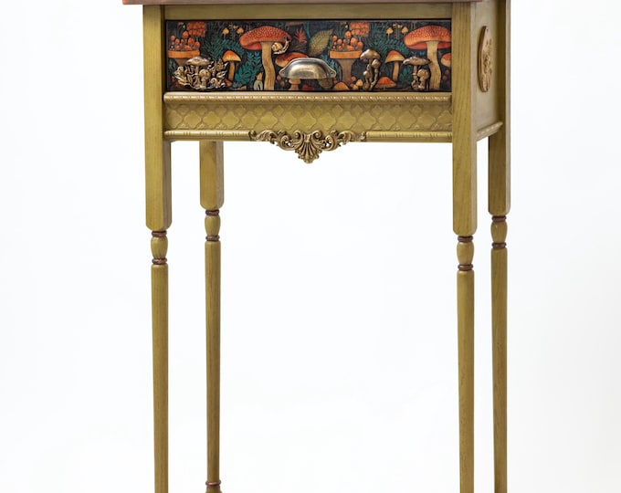 Handcrafted Olive Green Console Table: Amanita and Forest Motif, Small Entryway Decor
