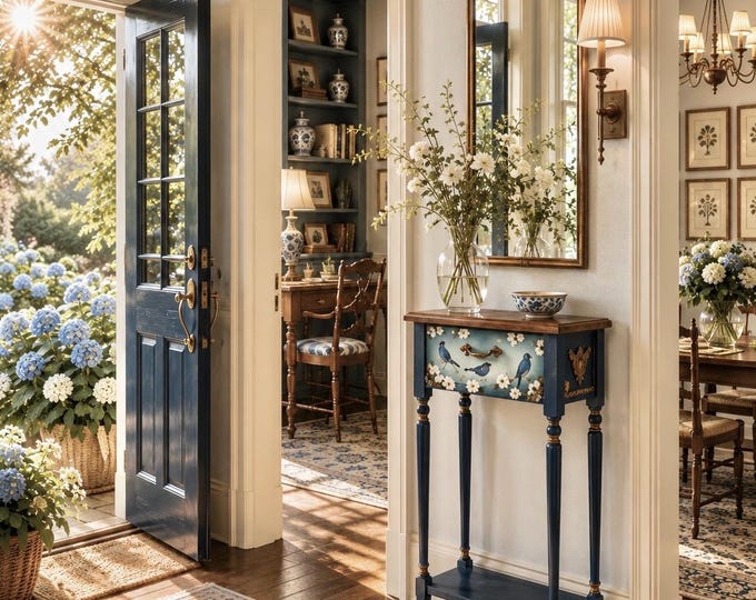 Hand-Painted Blue Bird Accent Table with Drawer | Vintage-Inspired Side Table, Gold Details