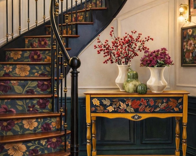 Handcrafted Autumn Leaves Console Table – Mustard Yellow Woodland Entryway Furniture