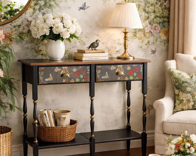 Handcrafted Black Console Table with Botanical Butterfly Drawers | Entryway Statement Furniture