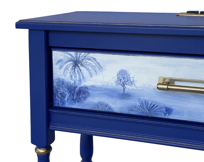 Commissioned Hand-Painted Blue Console Table, One-of-a-Kind Luxury Entryway Table, Custom Statement Furniture with Gold Accents