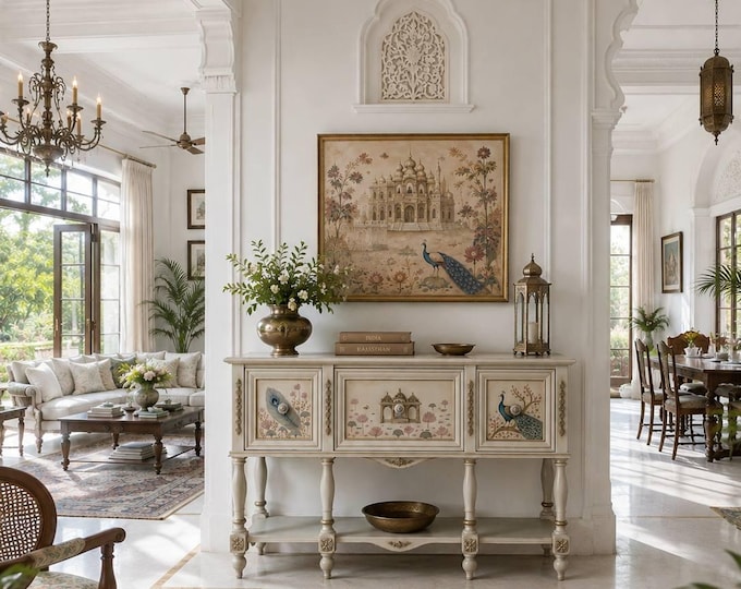 White Console Table with Drawers, Solid Wood Entryway Table, Hand-Painted Luxury Furniture