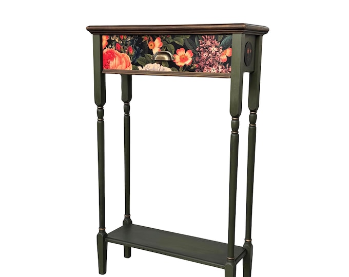 Forest Green Wooden Table with a Floral design Drawer
