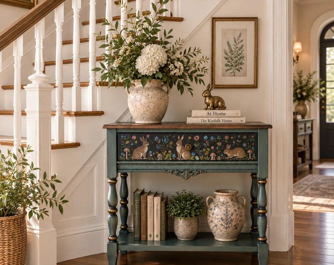 Hand-Painted Rabbit Console Table, Solid Wood Narrow Entryway Table, Custom Woodland Furniture