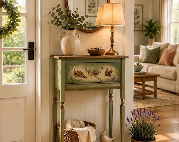 Heirloom Sage Green Accent Table | Hand Painted Cottage Console with Hen Motif