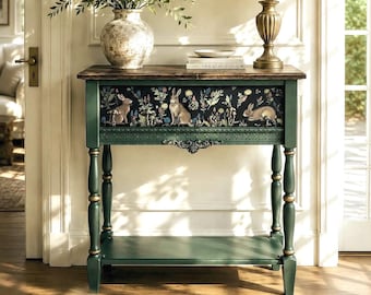 Narrow Wooden Console Table - Luxury Hand-Painted Green with Rabbit & Botanical Art