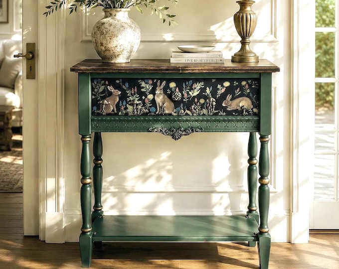 Hand Painted Entry Table, Woodland Rabbit Console Table, Luxury Cottage Style Furniture