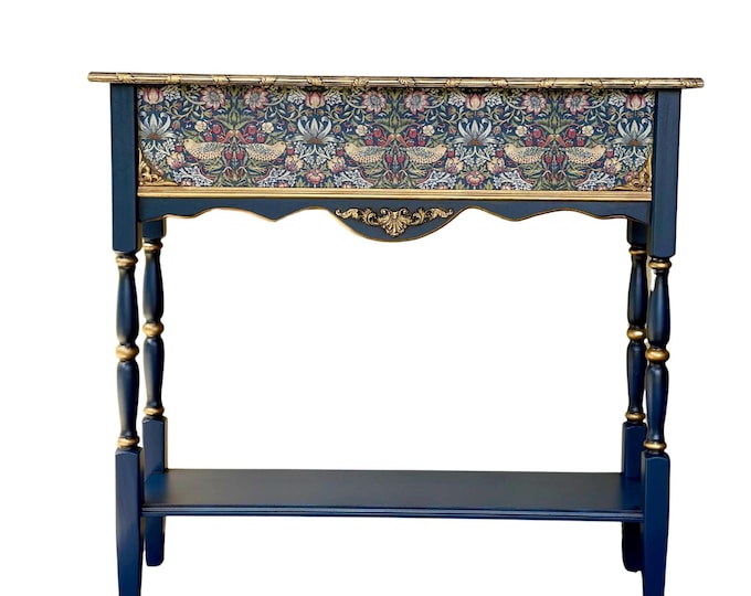 Handcrafted Solid Wood Console Table | Blue Floral Textile Inlay, Gilded Bees, Arts & Crafts Style