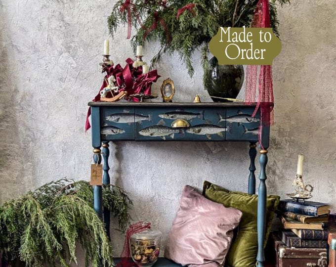 Handcrafted Blue Wooden Console Table Fish motif