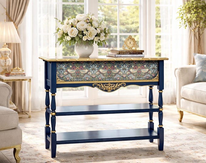 Commissioned Console Table with Fabric Inlay, Birds & Gilded Bees