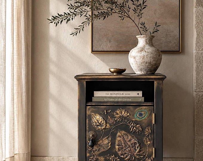 Handcrafted Solid Wood Accent Cabinet | Botanical Relief, Metallic-look Details, Nature-Inspired Side Table