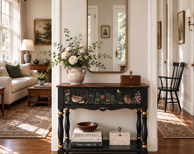 Hand-Painted Solid Wood Console Table – Custom Garden Scene Furniture, One-of-a-Kind Black Entryway Console, Collectible Functional Art