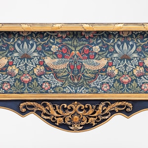 William Morris Inspired Console Table | Navy Blue Fabric Inlay, Gilded Bees, Arts Crafts Style