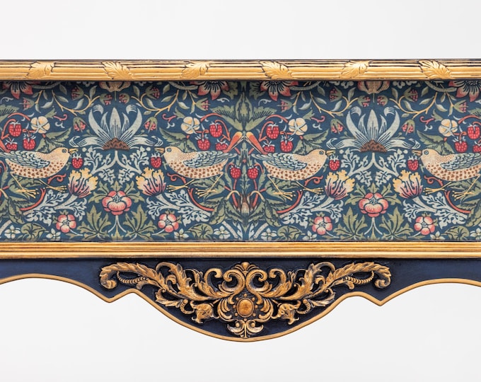 William Morris Inspired Console Table | Navy Blue Fabric Inlay, Gilded Bees, Arts Crafts Style