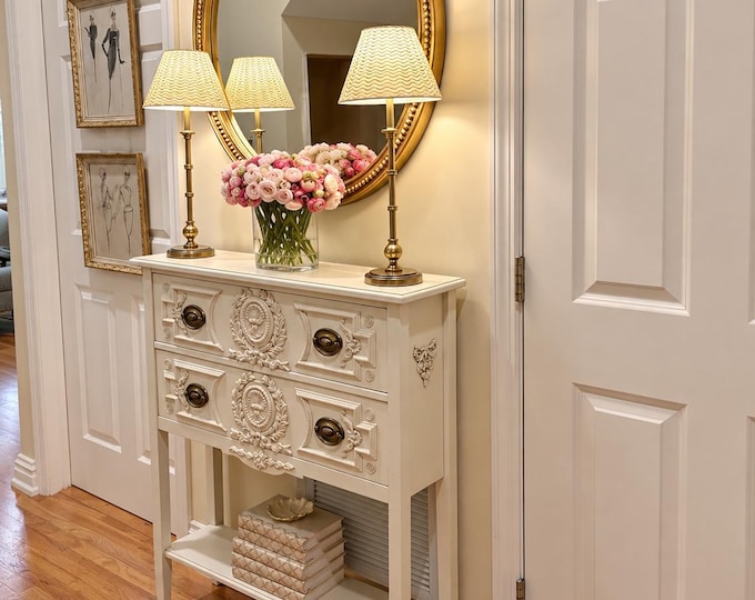 Narrow Console Table with Drawers, French Neoclassical Entryway Table, 10-Inch Deep, Solid Wood.