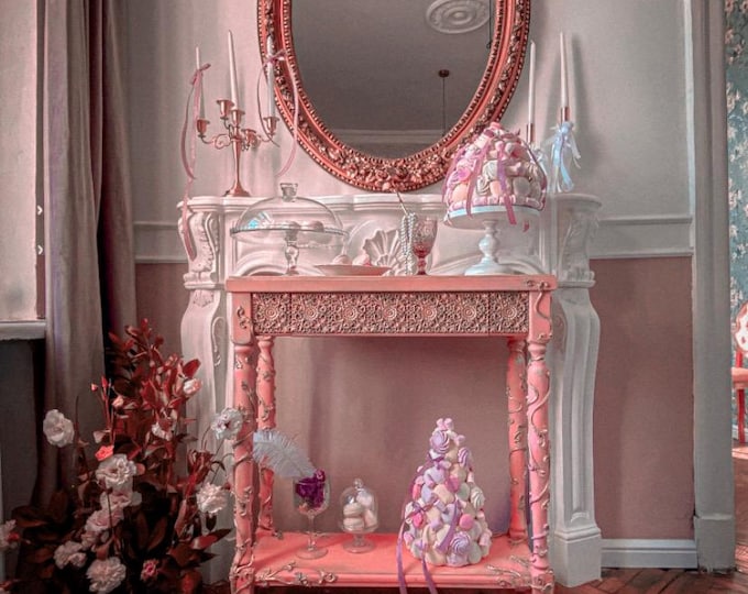 French Rococo Handcrafted Pink Console Table — Marie Antoinette Style, Luxury Artisan Entryway Furniture