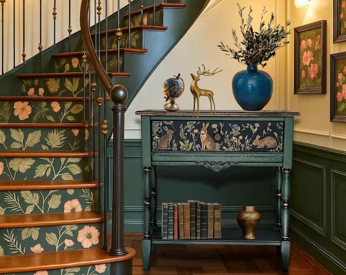 Handcrafted Woodland Rabbit Console Table: Green Entryway Accent